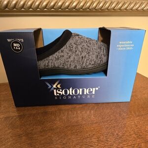 NEW Isotoner Ladie's Black and Gray Slip-On Slippers